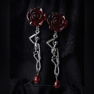 Gothic Skeleton & Rose Earrings Dangling Engraved details, Red rose silv…